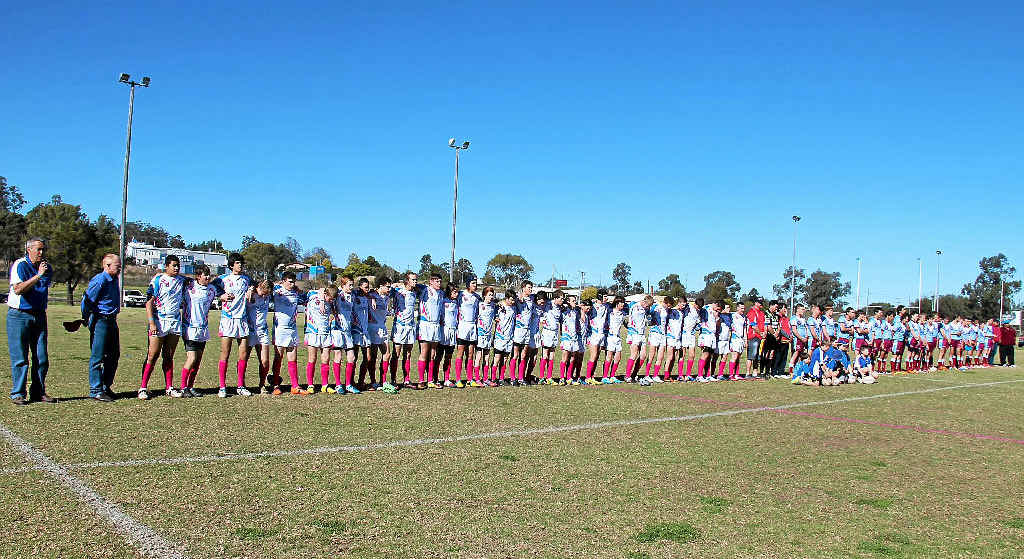 The Collegians under-16 side, decked out in their special game day shirts, formed a line with Gundy opponents for a minute’s silence for those suffering from depression before the start of their beyondblue day clash on Saturday. The Collegians under-16 side, decked out in their special game day shirts, formed a line with Gundy opponents for a minute’s silence for those suffering from depression before the start of their beyondblue day clash on Saturday.
